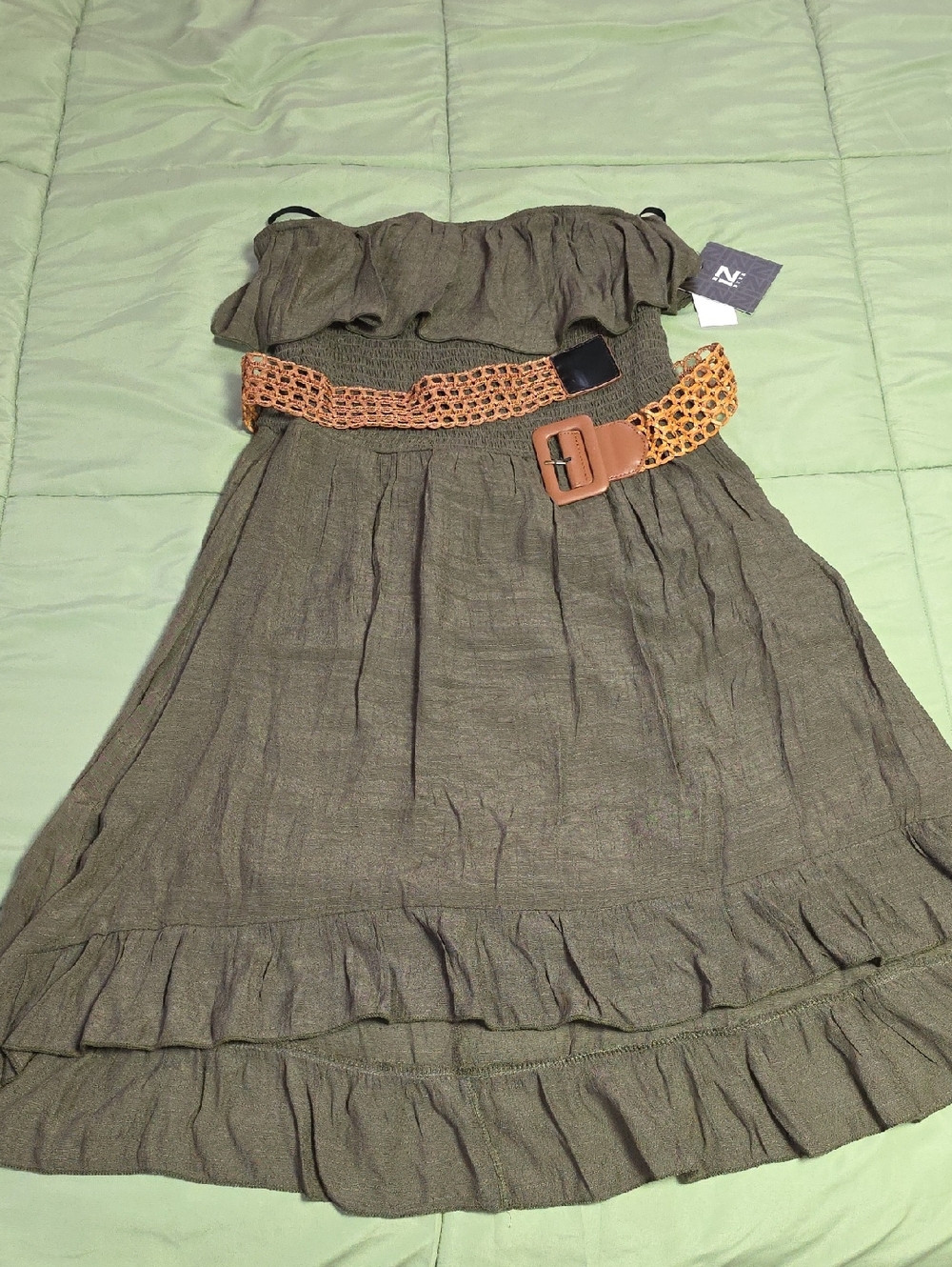 Iz Byer Olive Green Strapless High-Low Smocked Dress